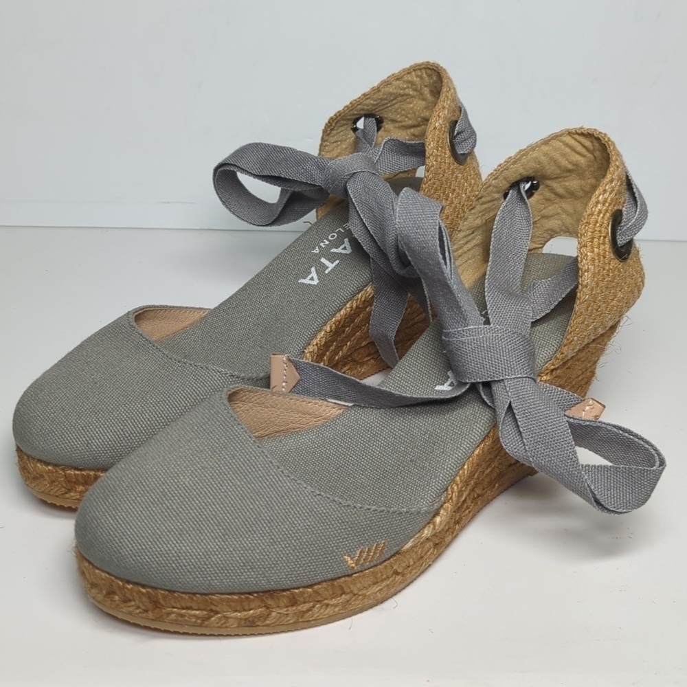 Viscata Sagaro Gray canvas espadrille wedge w/ ankle ties woman size 5.5-6 EU 36